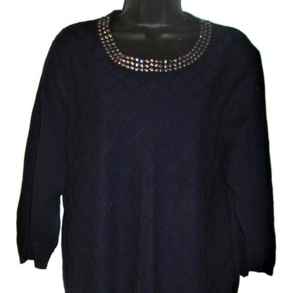 C.D. Daniels Long Blue Sweater Diamond Pattern Studded Collar Short Sleeve - Picture 1 of 4
